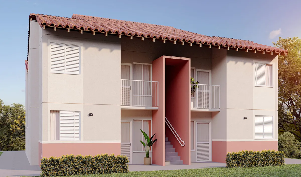 Fachada das casas sobrepostas do Villa VIC Serra Dourada